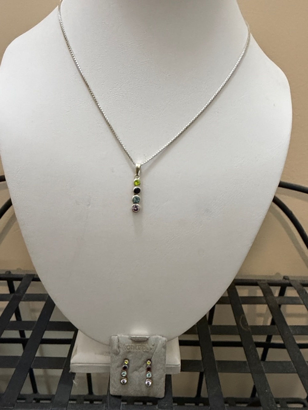 Sterling Silver Vertical Multi-Gem Pendant Necklace with matching earrings